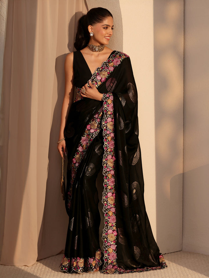 Libas Black Chiffon Saree with Floral Border