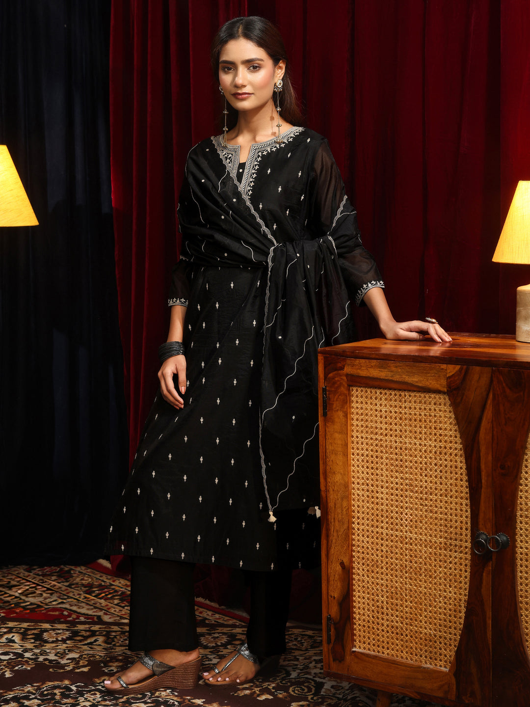 Black Ethnic Embroidered Chanderi Silk Straight Suit Set