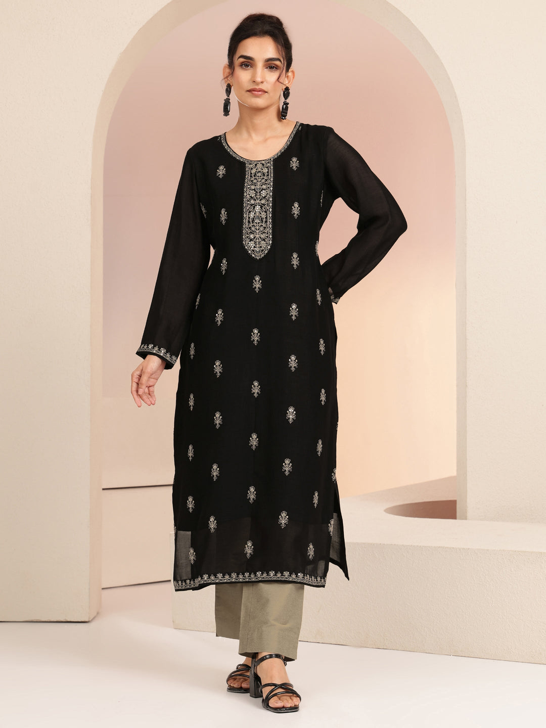 Libas Black Ethnic Embroidered Silk Blend Straight Kurta