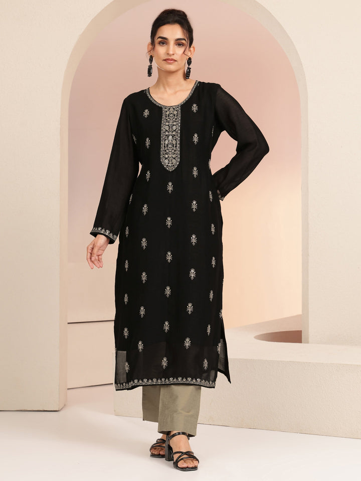 Libas Black Ethnic Embroidered Silk Blend Straight Kurta