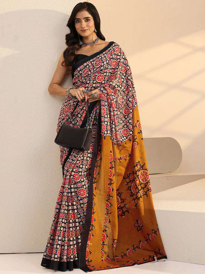 Libas Black Ajrakh Print Cotton Saree