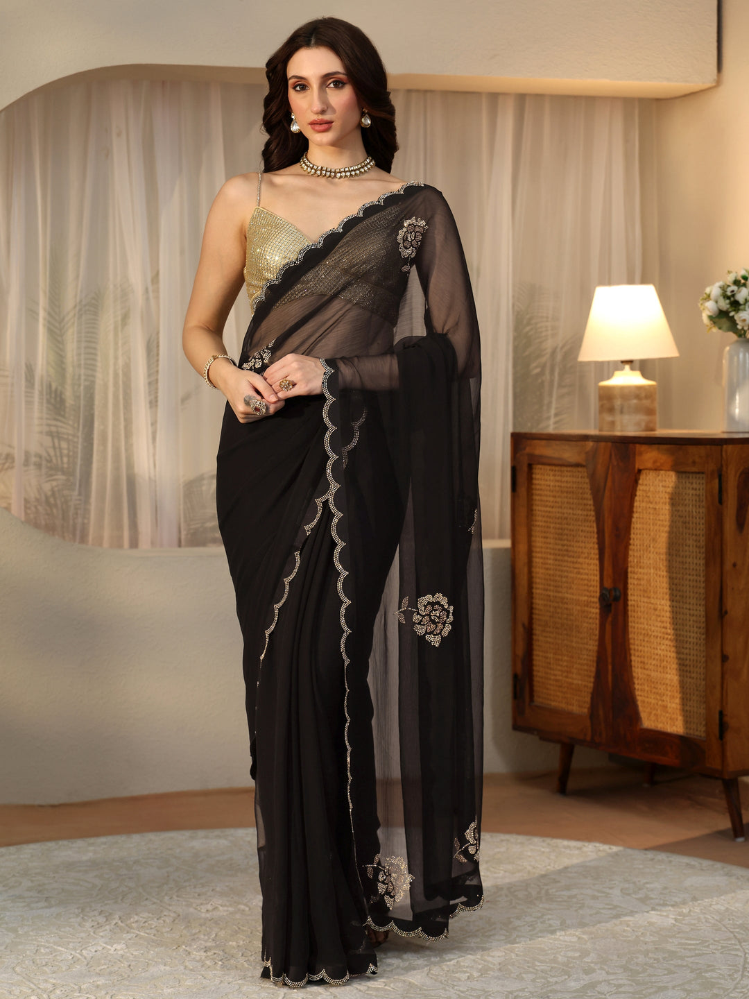 Libas Black Floral Embellished Georgette Saree