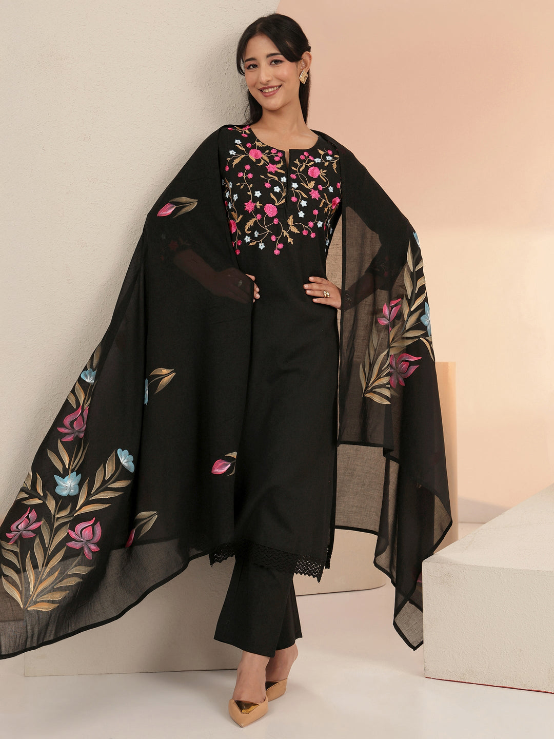 Libas Black Floral Embroidered Cotton Straight Suit Set