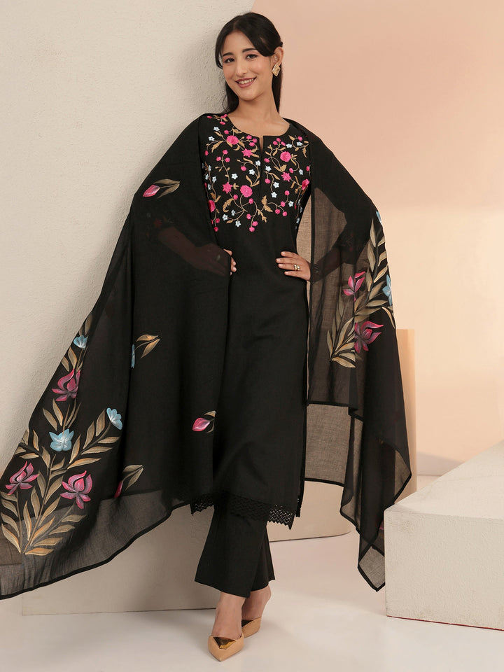 Libas Black Floral Embroidered Cotton Straight Suit Set