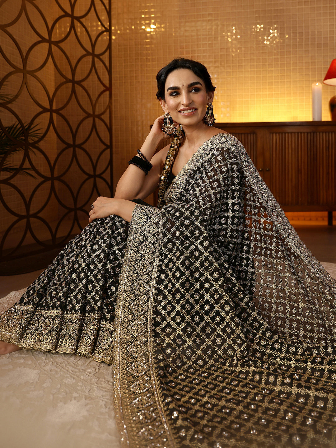 Black Floral Embroidered Georgette Saree