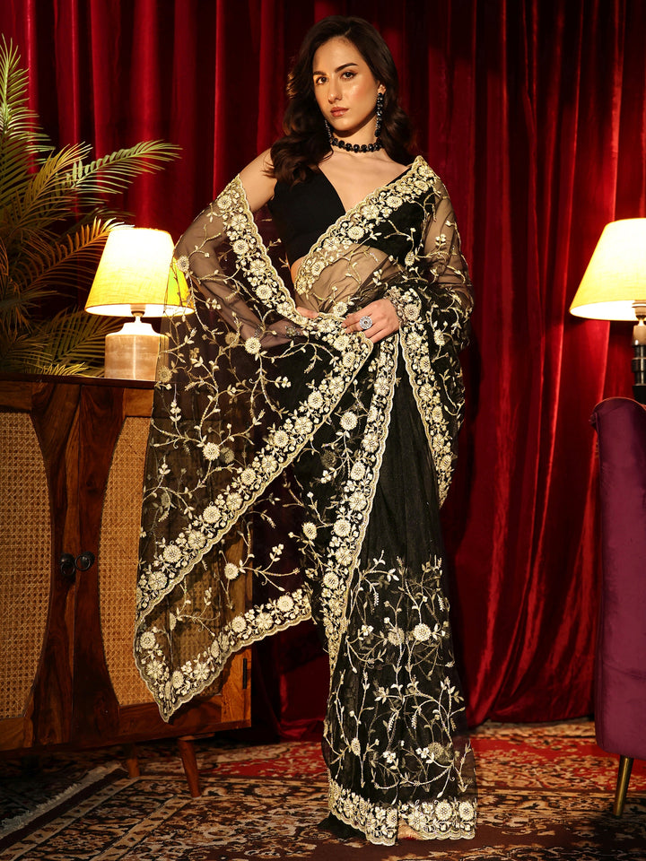 Libas Black Floral Embroidered Net Saree