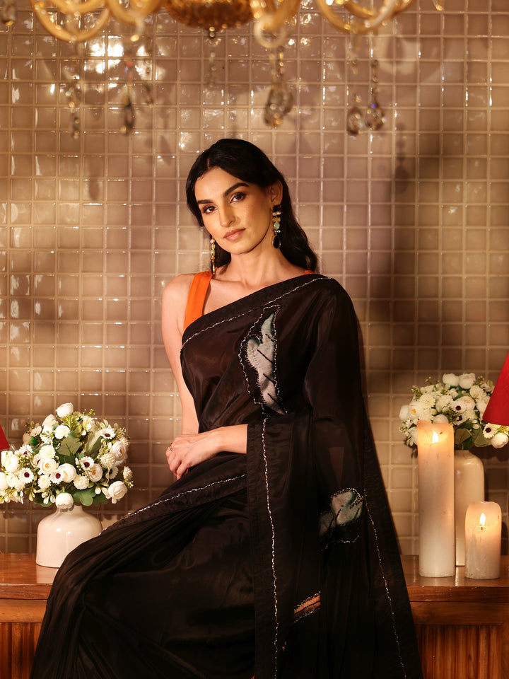 Black Floral Embroidered Silk Blend Saree