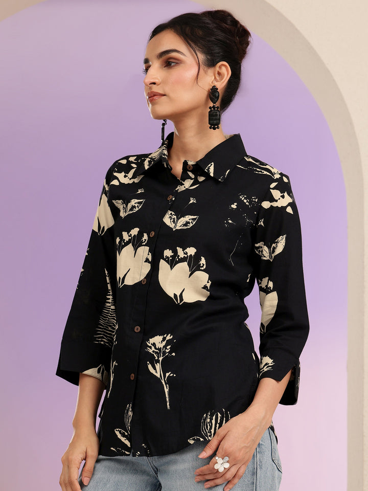 Libas Black Floral Print Cotton Shirt