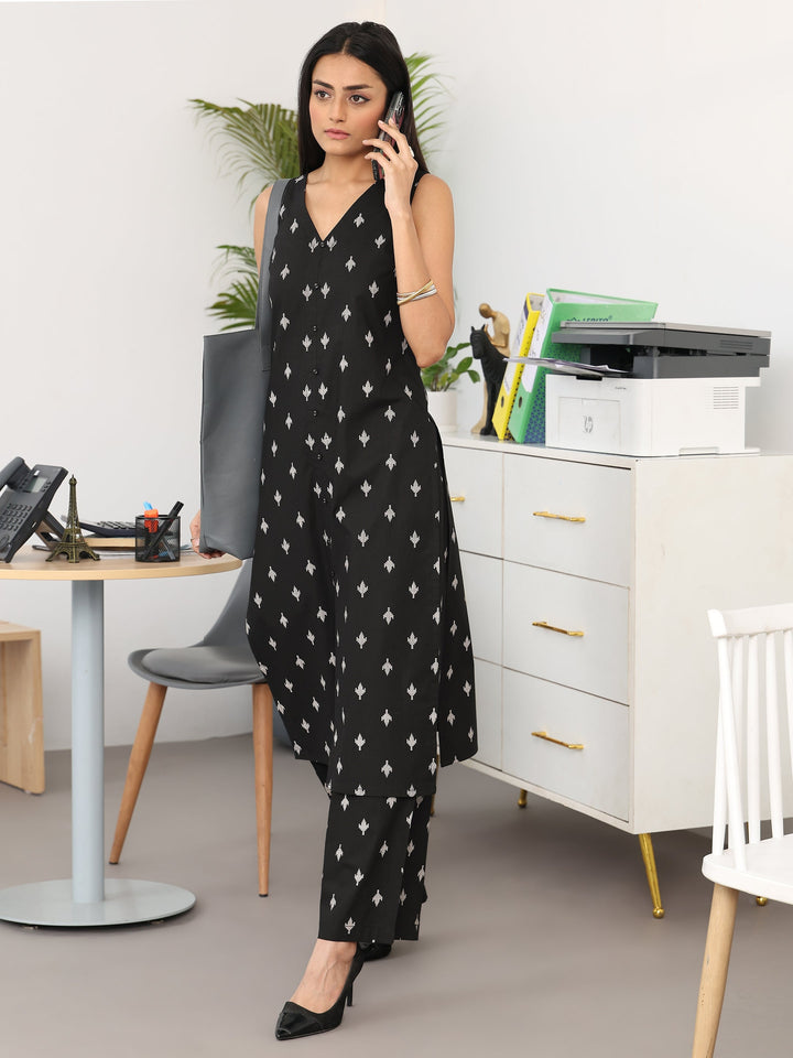 Libas Black Floral Printed Cotton Blend Straight Kurta Set