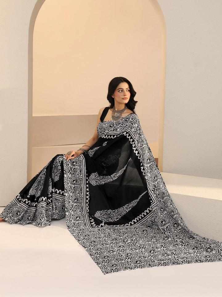 Libas Black Paisley Print Cotton Saree
