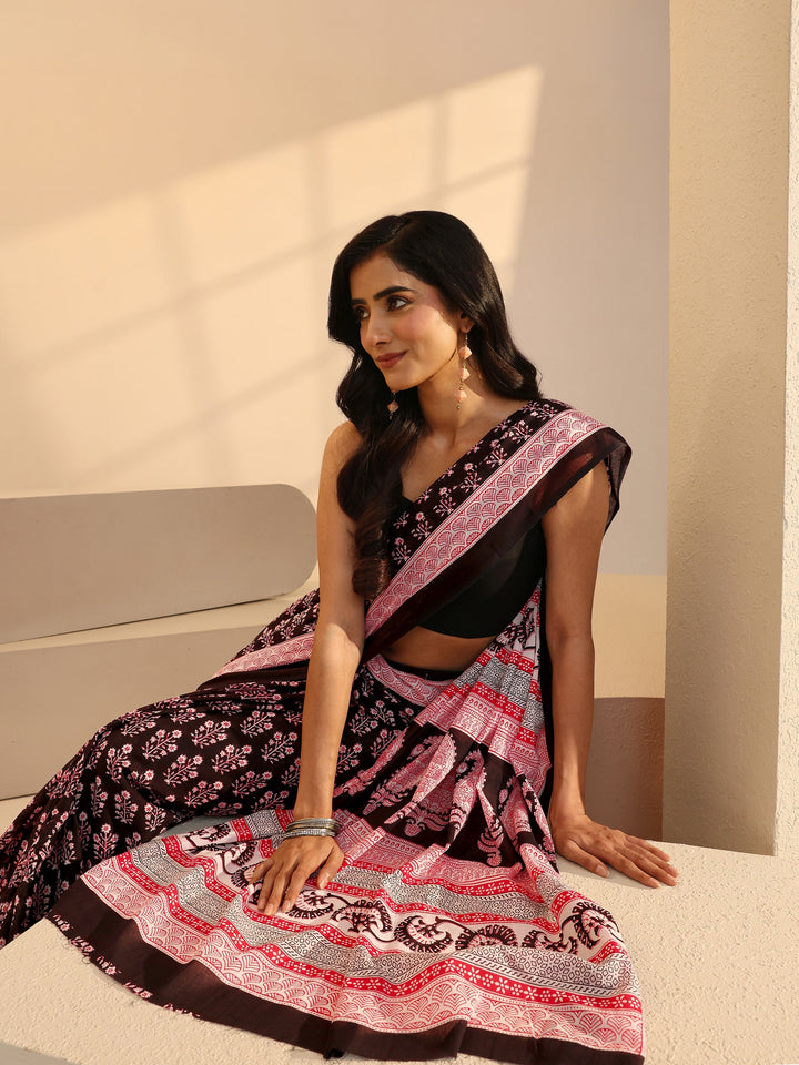Libas Black Bagru Floral Print Cotton Saree