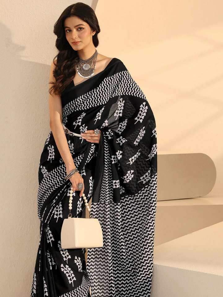 Libas Black Block Printed Cotton Saree