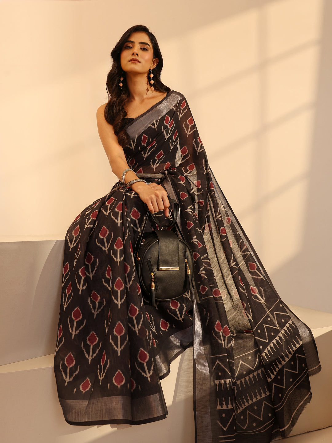 Black Tulip Print Cotton Blend Saree