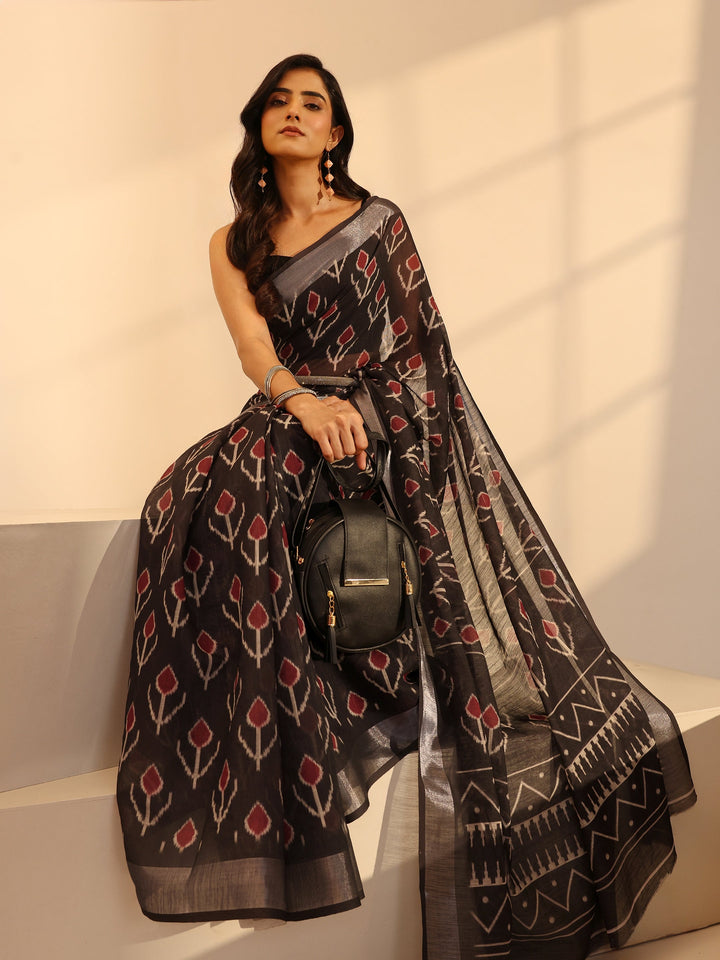 Libas Black Floral Printed cotton blend Saree