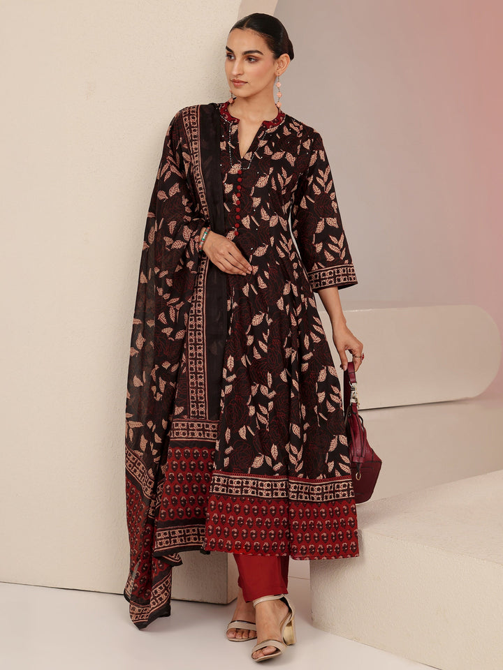 Libas Black Leaf Printed Anarkali Cotton Suit Set