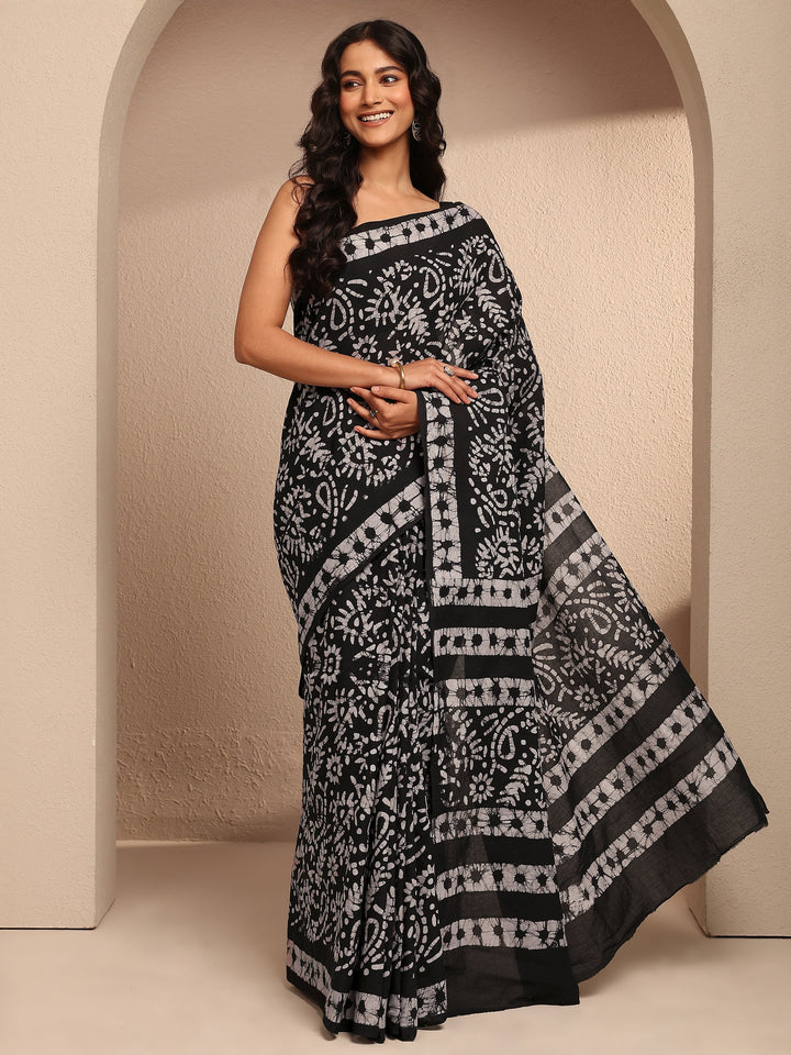 Black Printed Cotton Saree With Unstitched Blouse Piece