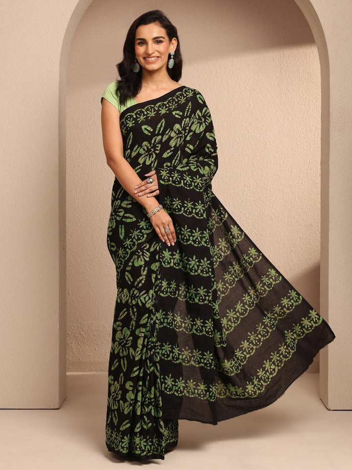 Black Printed Cotton Saree With Unstitched Blouse Piece