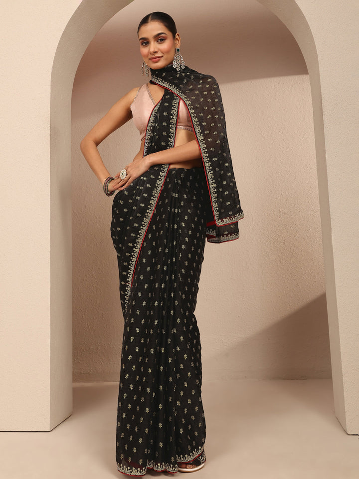 Black Printed Silk Blend Saree With Unstitched Blouse Piece