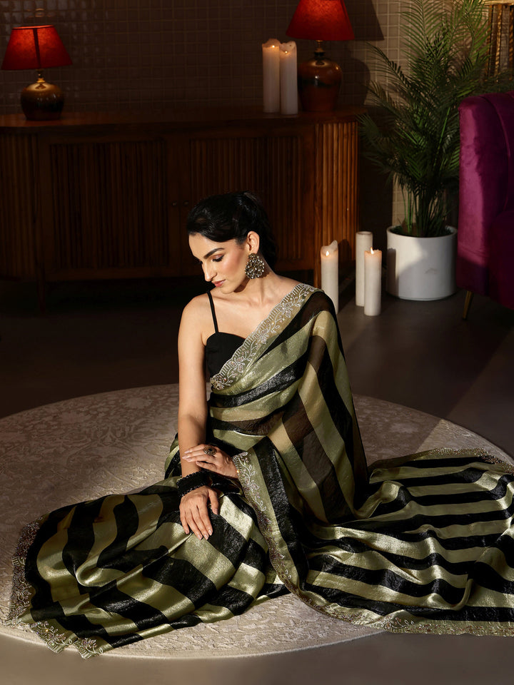 Libas Black Striped Silk Blend Saree