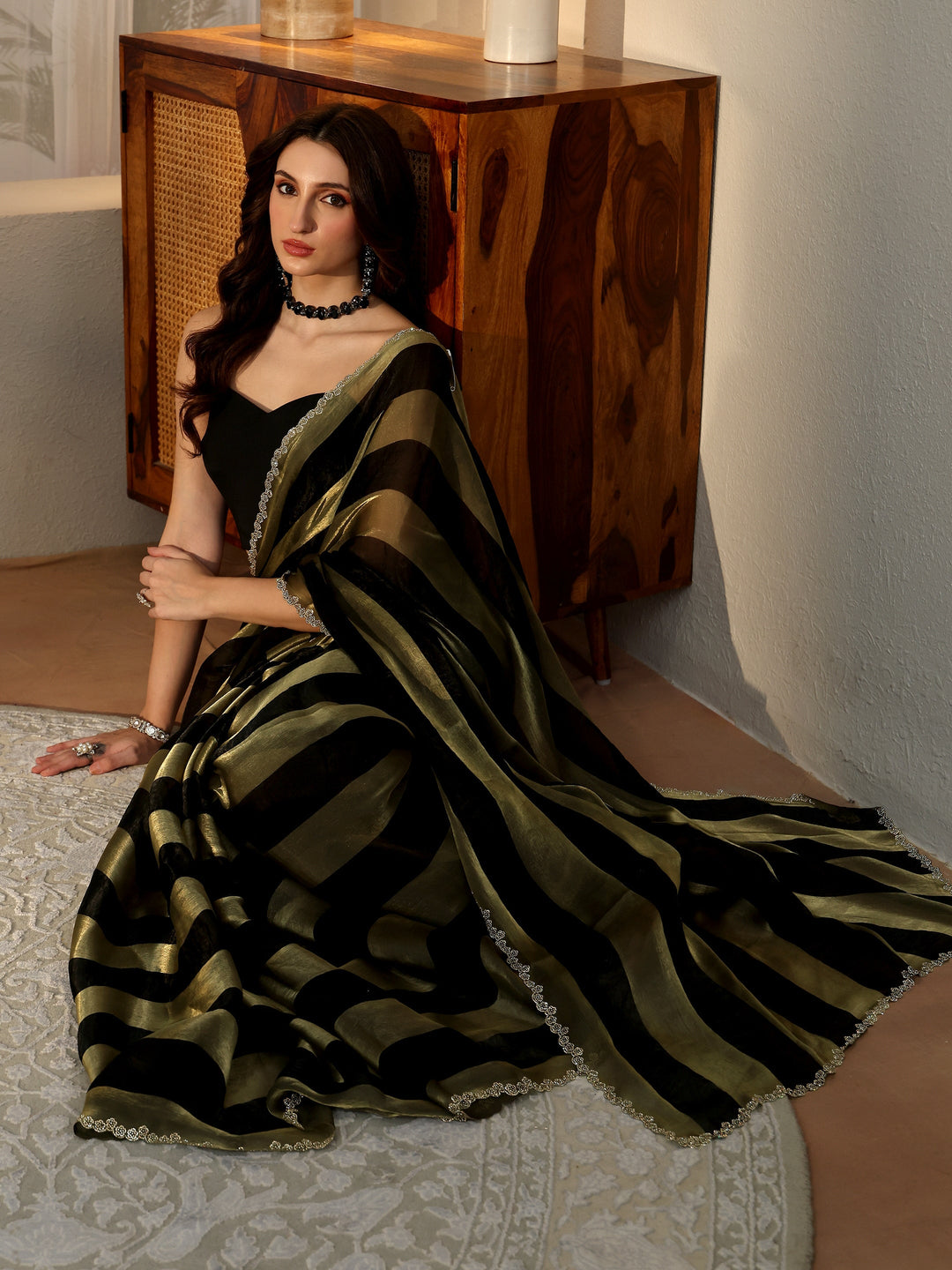Libas Black Striped Silk Blend Saree