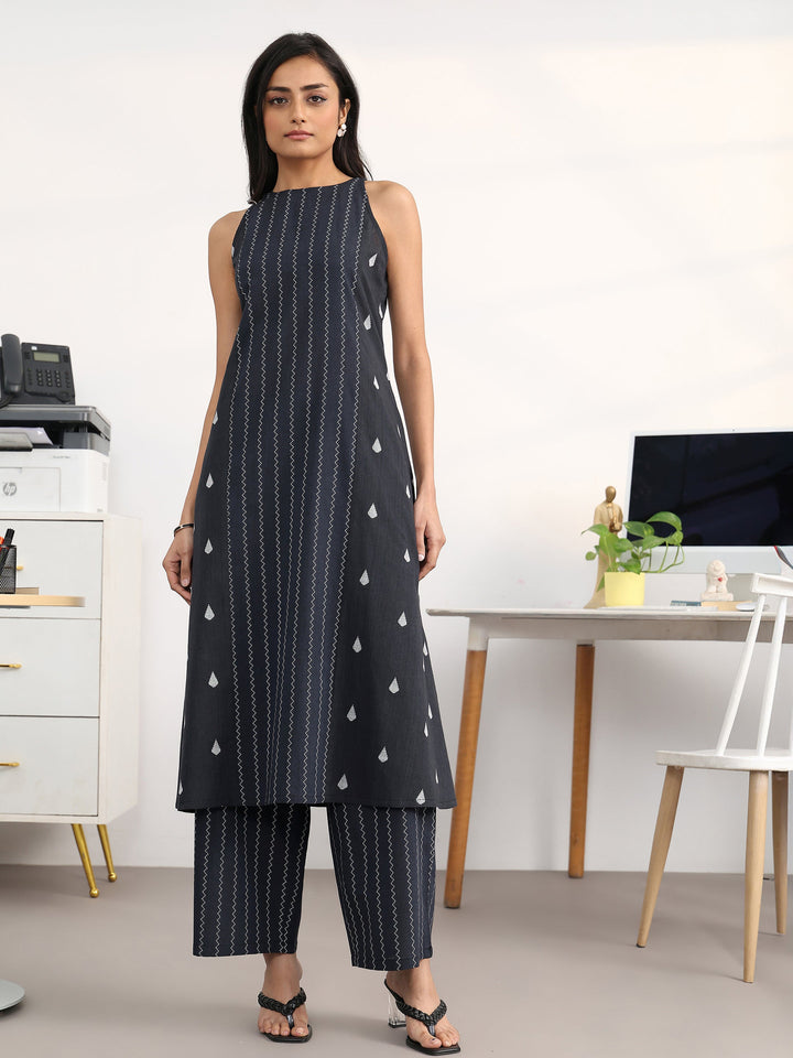 Libas Black Striped Woven Design Cotton Blend A-Line Kurta Set