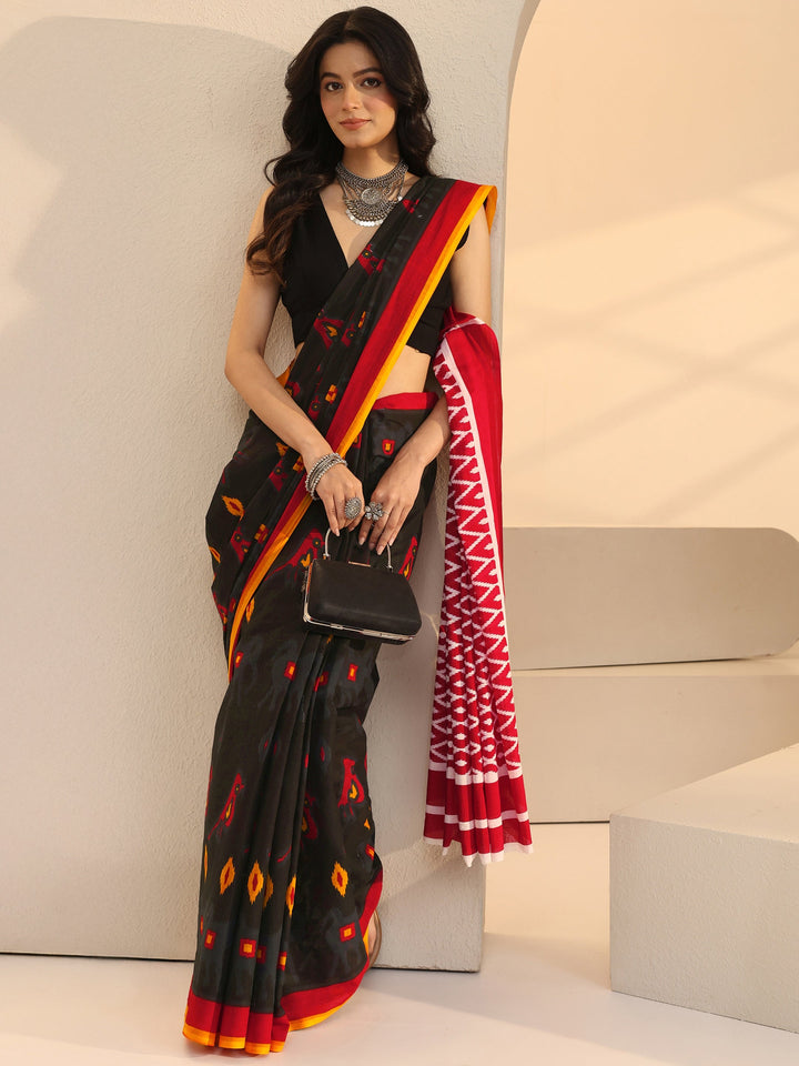 Libas Black Geometric Print Jamdani Cotton Saree