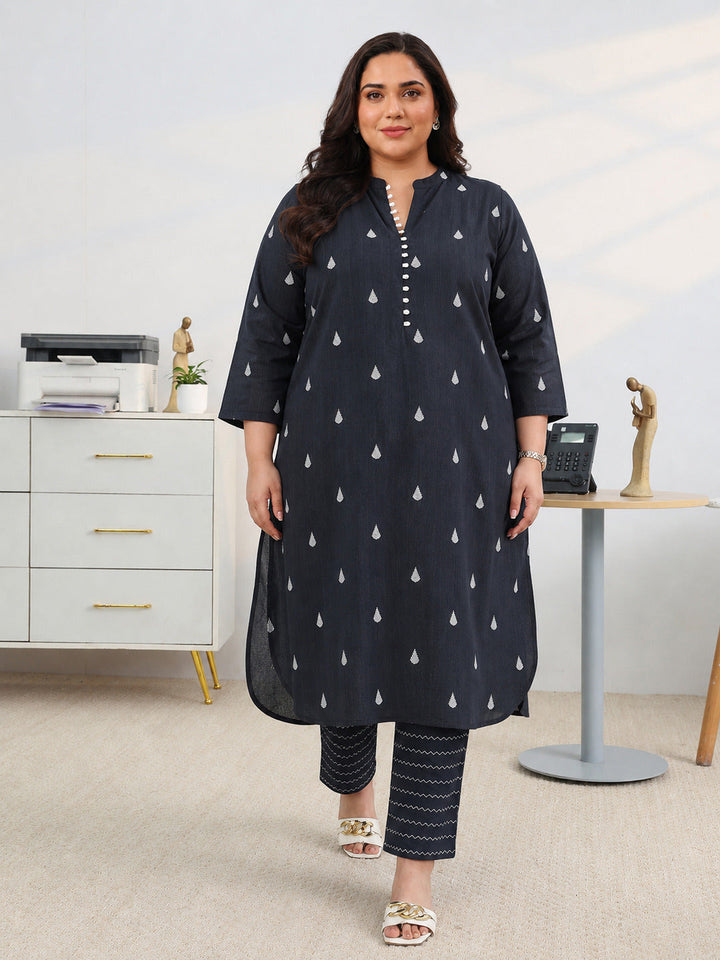 Black Woven Design Cotton Blend A-Line Kurta Set