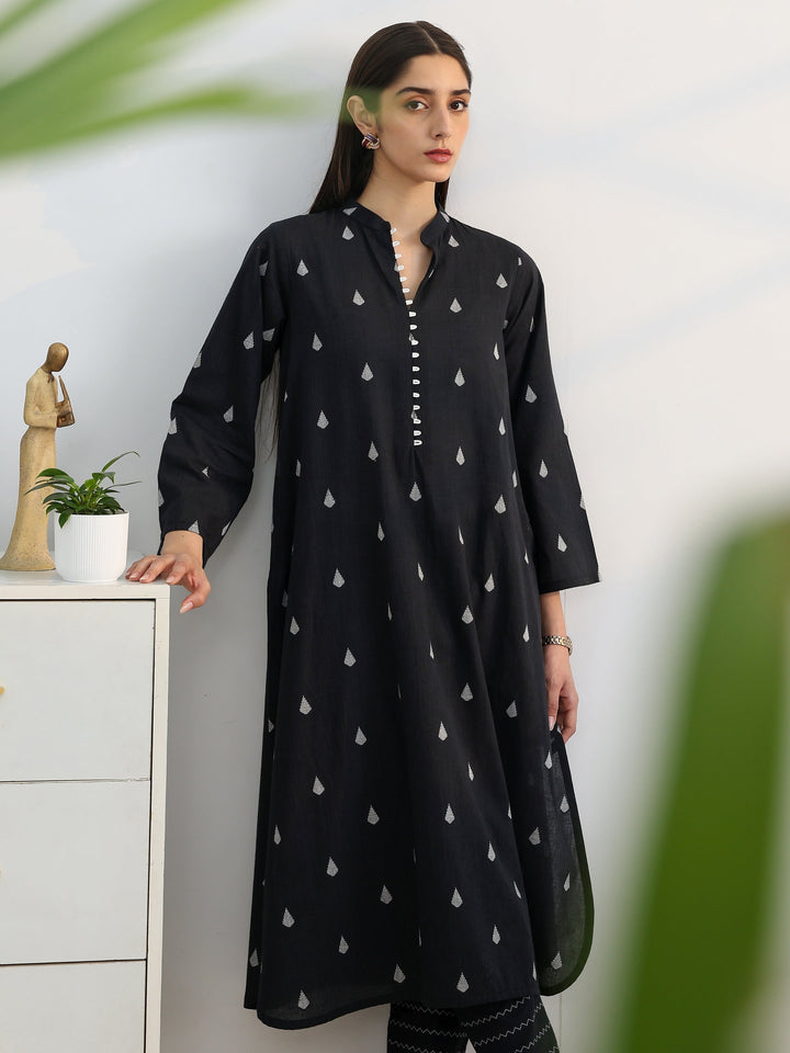 Libas Black Woven Design Cotton Blend A-Line Kurta Set
