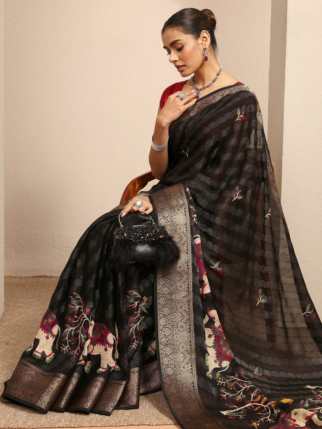 Black Woven Design Silk Blend Saree With Unstitched Blouse Piece