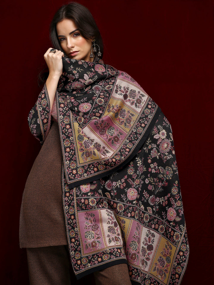Black Woven Design Wool Women'S Shawl