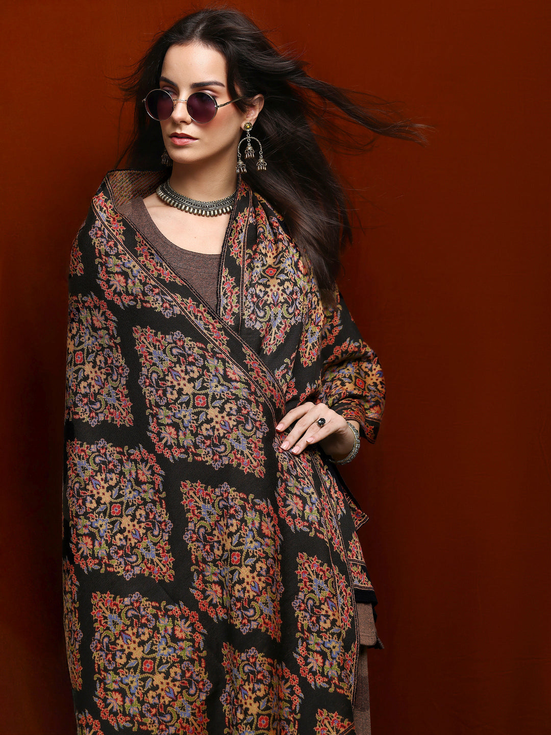 Black Woven Design Wool Women'S Shawl