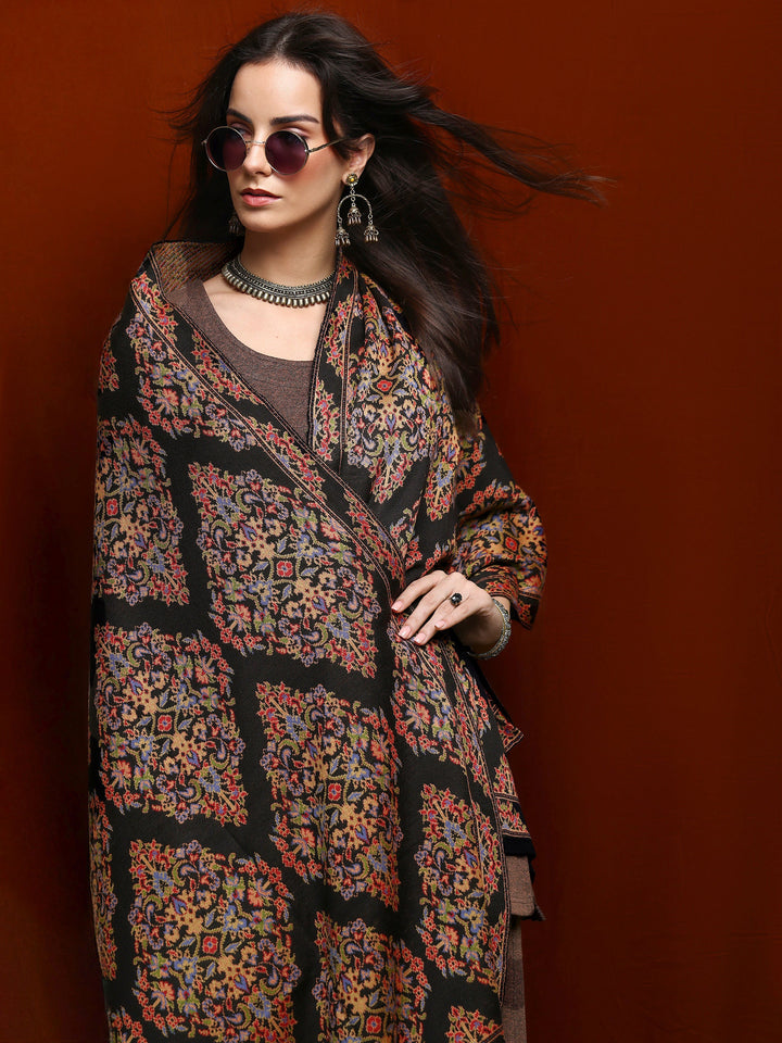Black Woven Design Wool Women'S Shawl