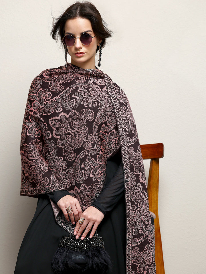Black Woven Design Wool Wrap Shawl 