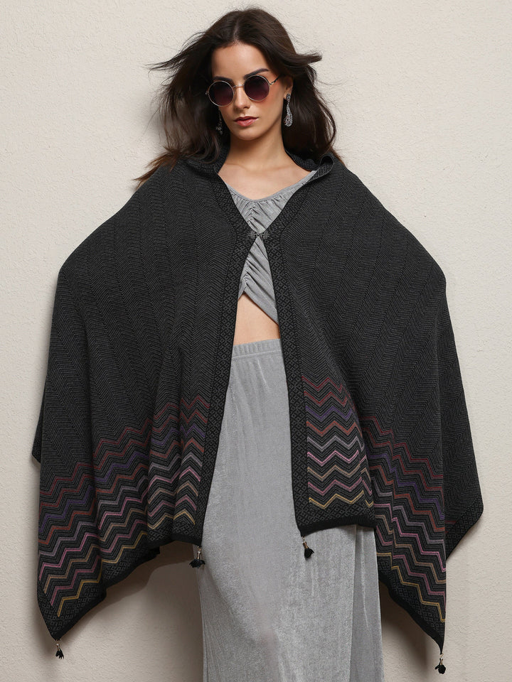 Black Woven Design Wool Wrap Shawl 