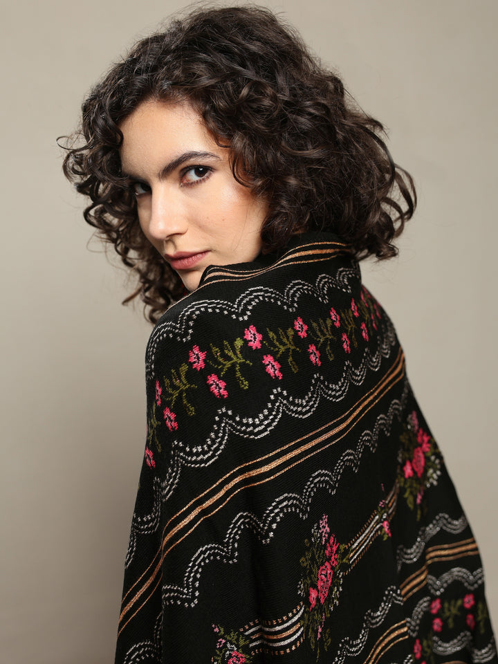 Black Woven Design Wool Wrap Shawl