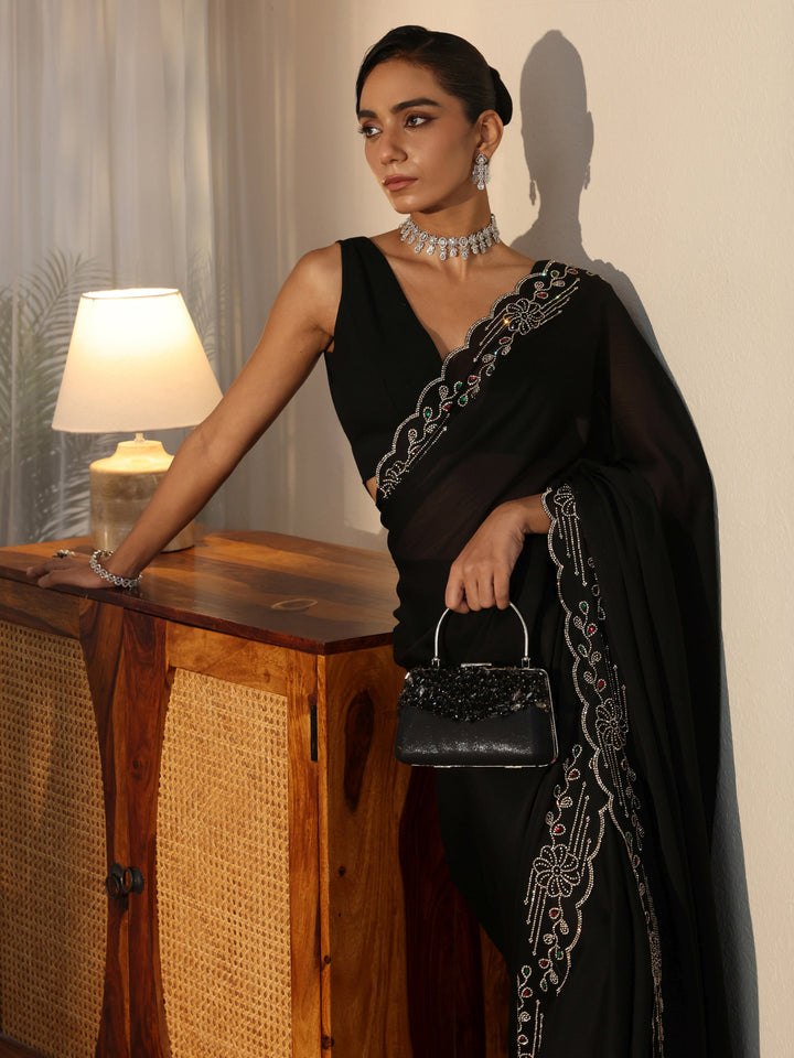 Black Silk Blend Saree with Embellished Border