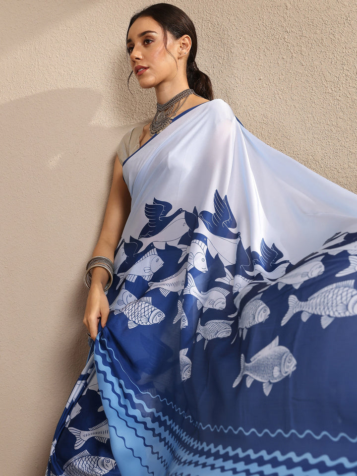 Blue Abstract Printed Satin Saree With Unstitched Blouse Piece