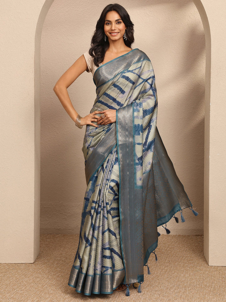 Blue Abstract Printed Silk Blend Saree With Unstitched Blouse Piece