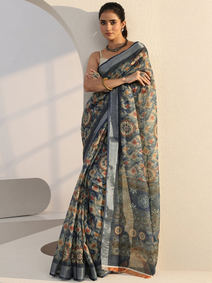Libas Blue Abstract Printed cotton blend Saree