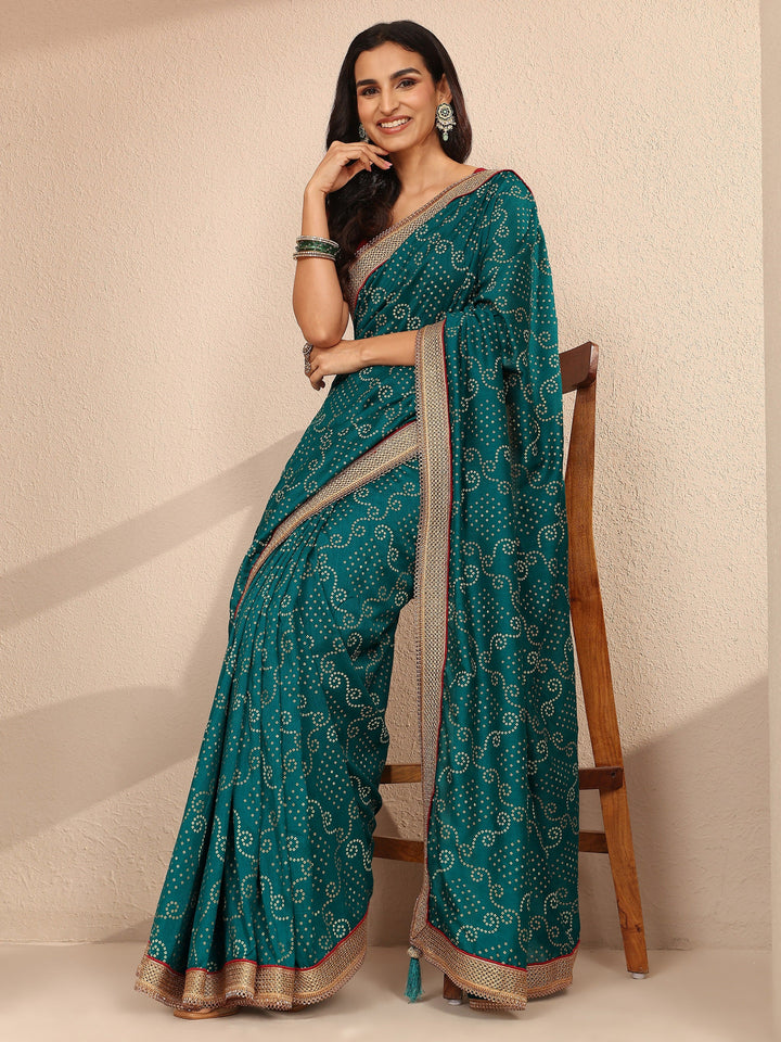 Blue Bandhani Printed Silk Blend Saree With Unstitched Blouse Piece