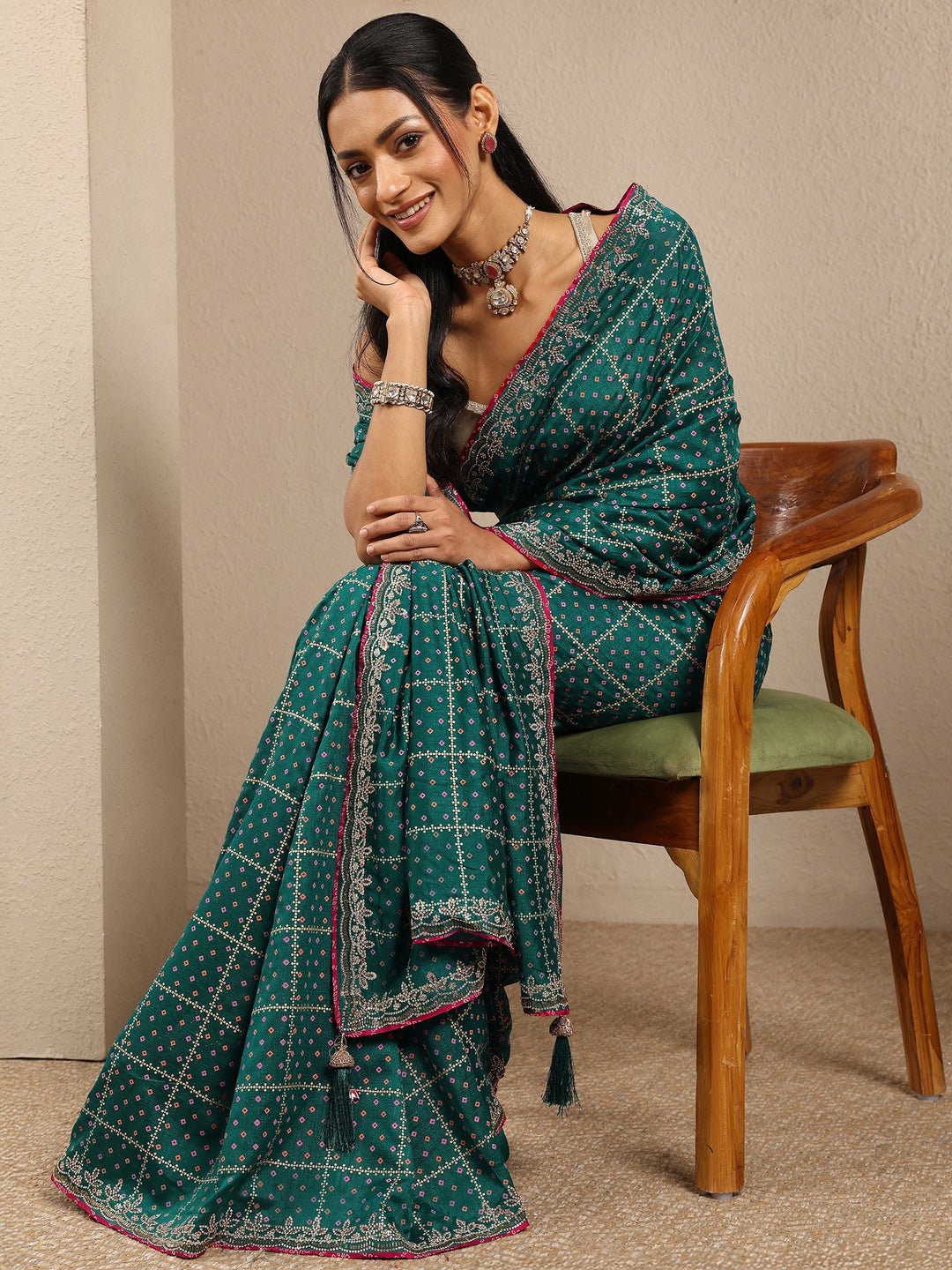 Blue Bandhani Printed Silk Blend Saree With Unstitched Blouse Piece