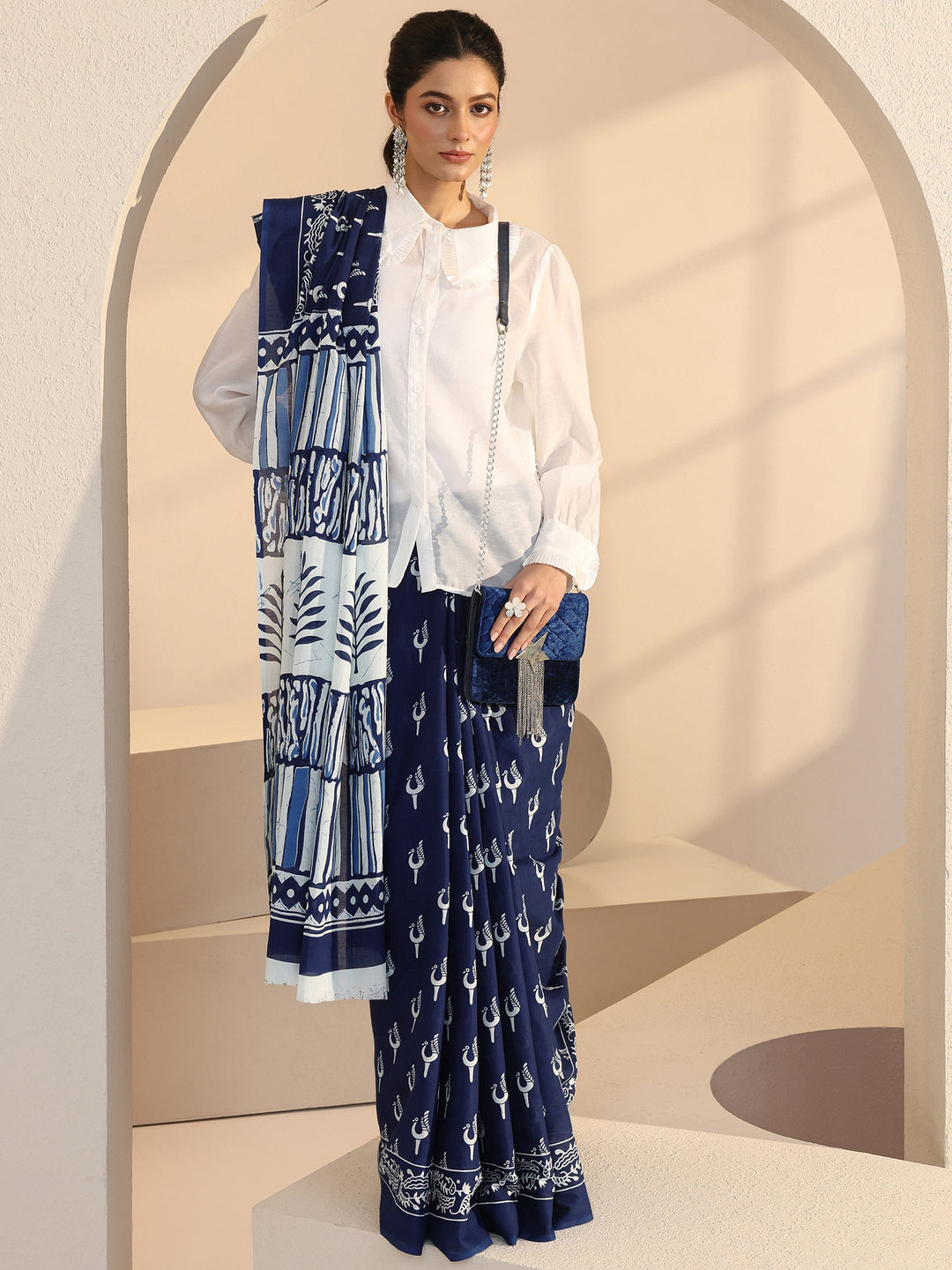 Libas Indigo Peacock Print Cotton Saree