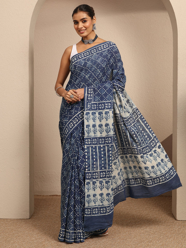 Blue Block Printed Cotton Saree With Unstitched Blouse Piece