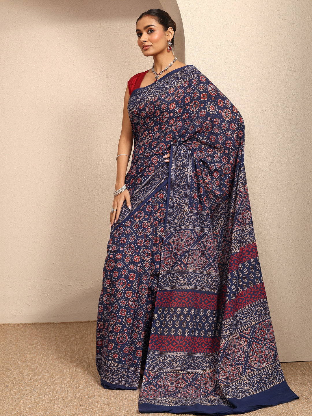 Blue Block Printed Cotton Saree With Unstitched Blouse Piece