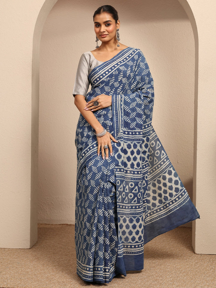 Blue Block Printed Cotton Saree With Unstitched Blouse Piece