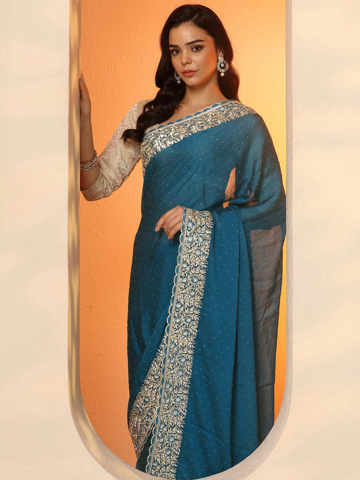 Blue Embellished Chinon Saree With Unstitched Blouse Piece