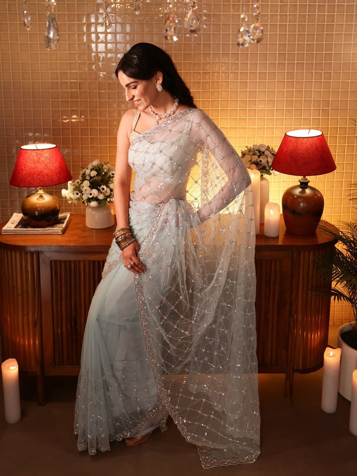 Libas Blue Embellished Net Saree