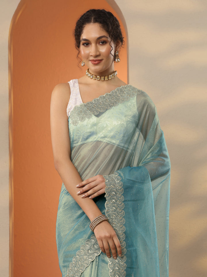 Blue Embellished Nylon Saree With Unstitched Blouse Piece