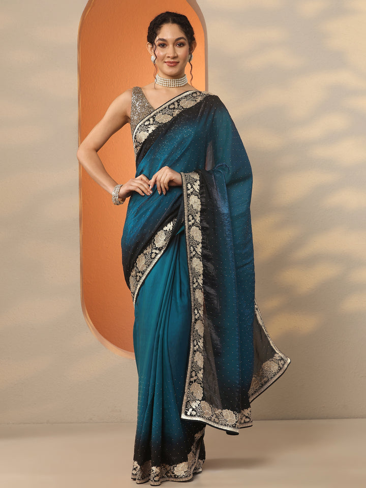 Blue Embellished Organza Saree With Unstitched Blouse Piece