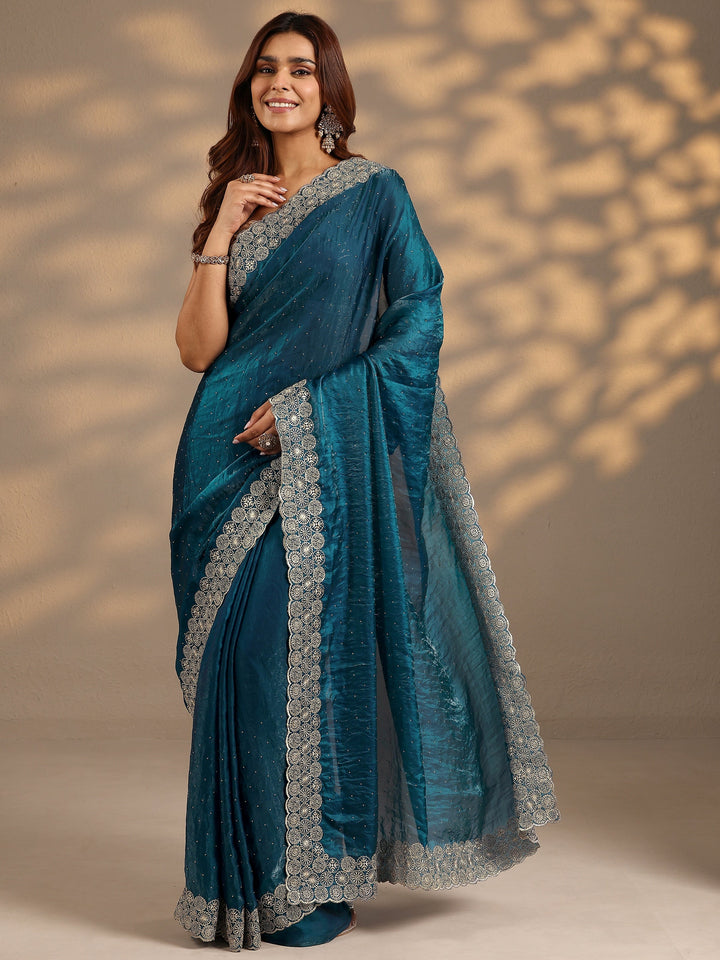 Blue Embellished Silk Blend Saree With Unstitched Blouse Piece